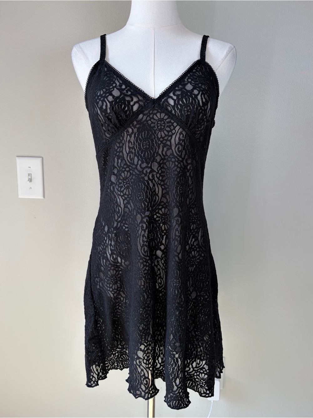Josie Natori Black All Lace Mini Slip Dress Dark Feminine Goth Femme Romantic